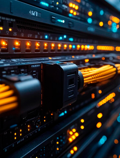 Sala de servidores ordenada con infraestructura profesional.