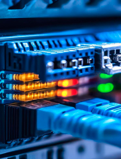 Infraestructura de red empresarial con cableado organizado.